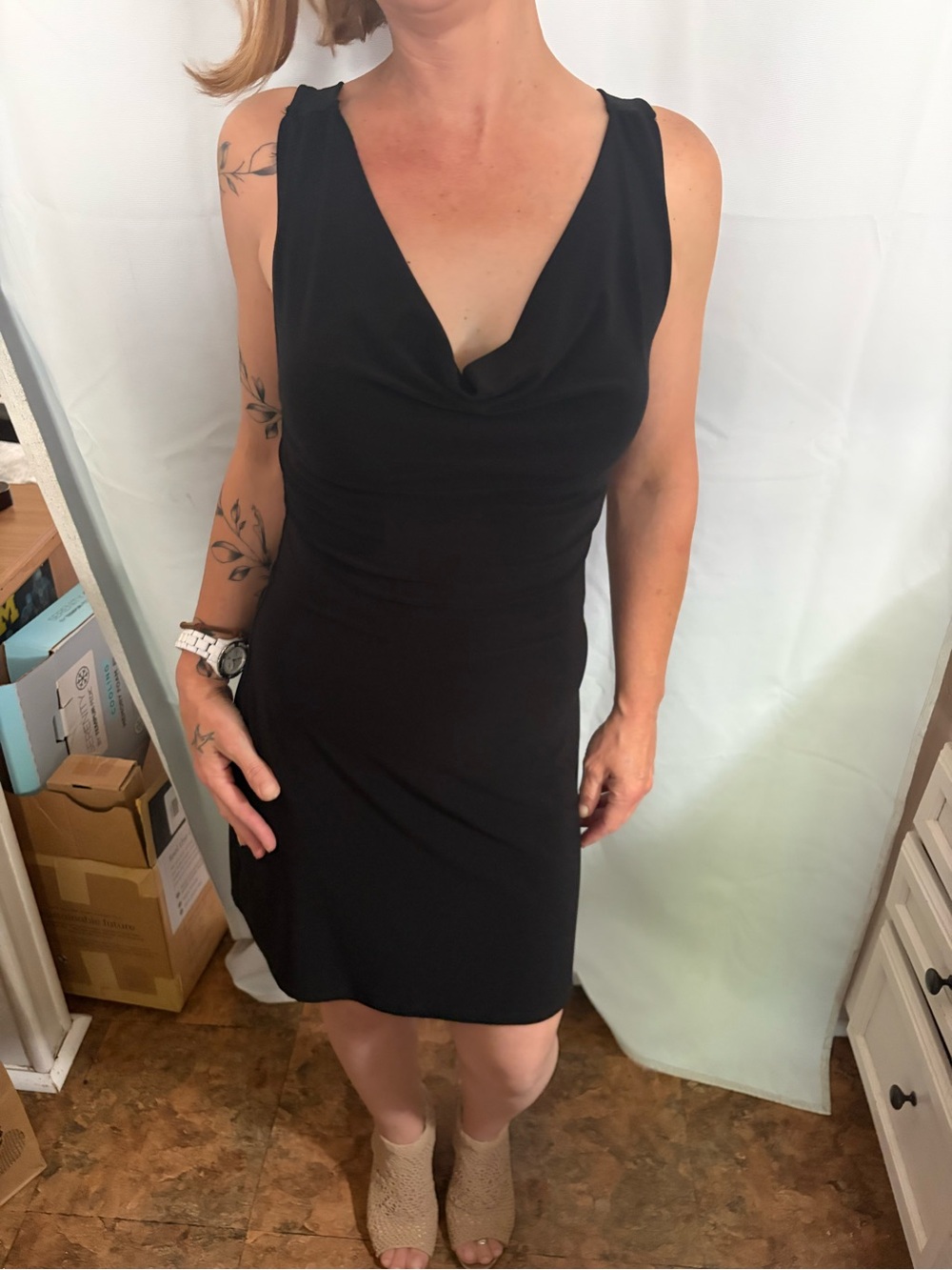 Vintage- Made in USA- Little Black Dress With Draped Neckline & Bow-Tie Back